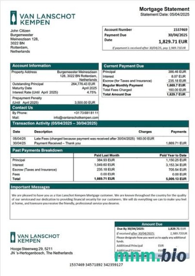Holandia Van Lanschot Kempen wyciąg z kredytu hipotecznego szablon Word i PDF